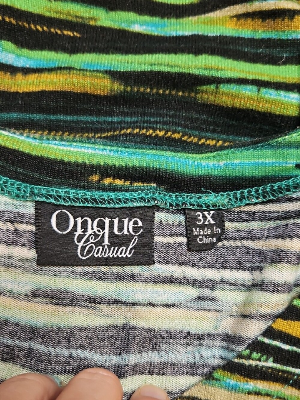 Onque Casuals Striped Long Sleeve V-Neck Top in Green Teal and Black